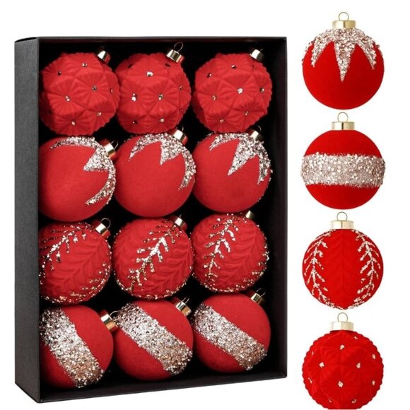 Set Of 12 Red & Gold Christmas Tree Ornaments - Picture 1 of 7